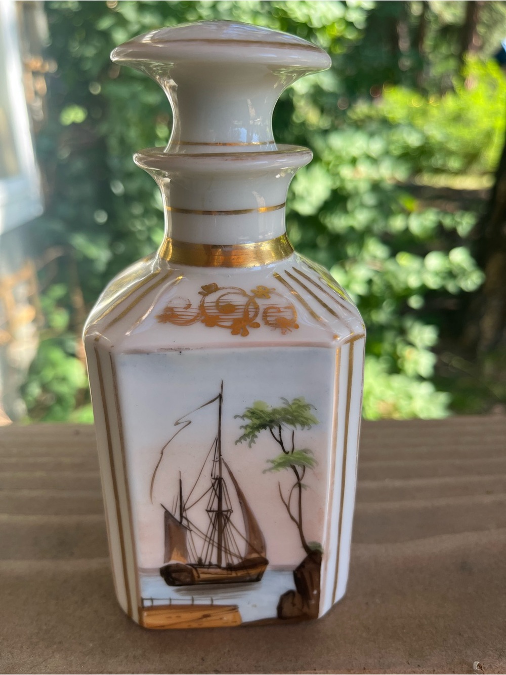 Antique Old Paris Style Porcelain Cologne Bottle – River & Sailboat 5.5”